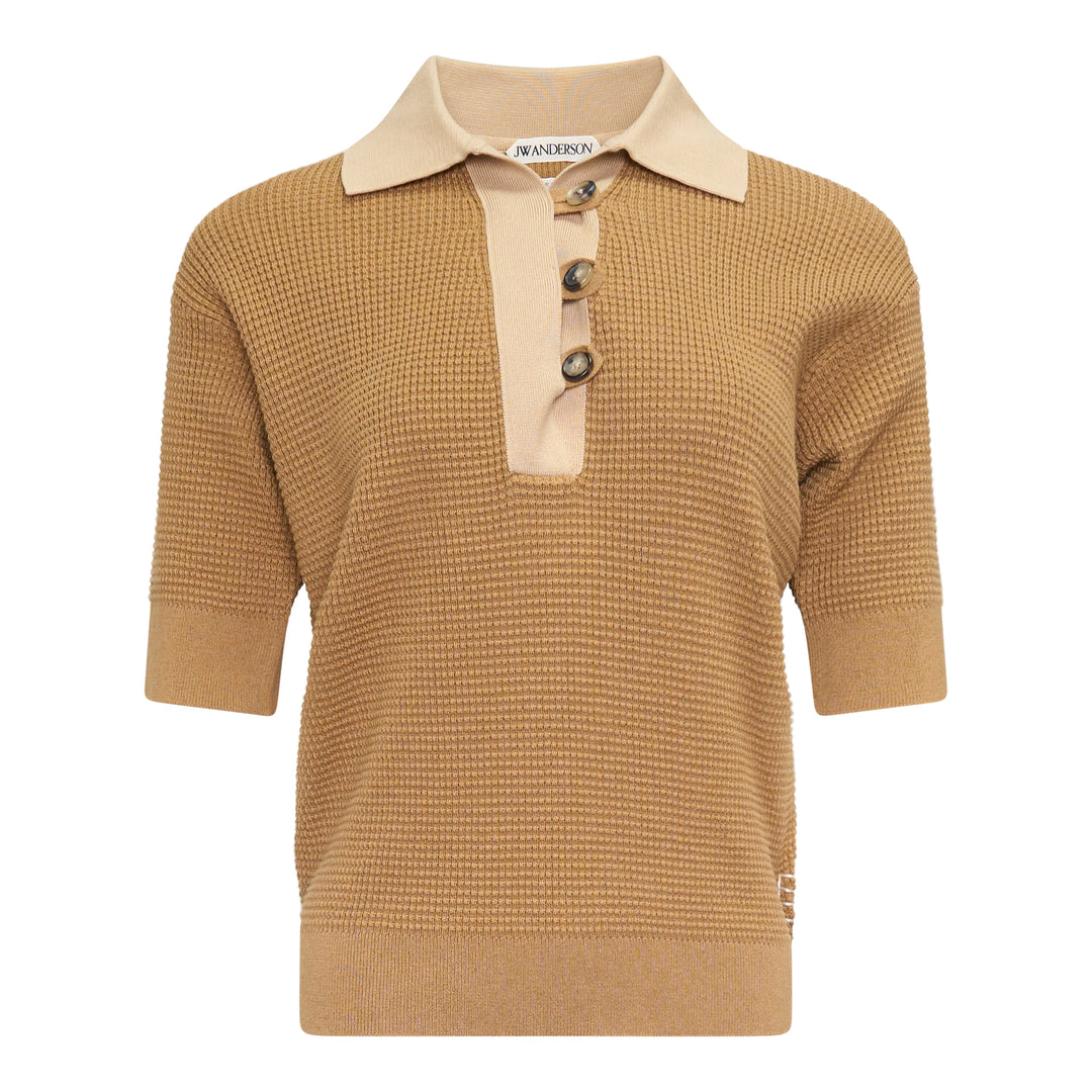 JW Anderson Short Sleeve Polo Jumper in camel waffle-knit cotton with contrast sand collar, placket, and three oversized horn-effect buttons