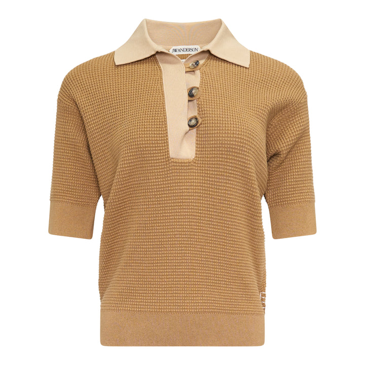 JW Anderson Short Sleeve Polo Jumper in camel waffle-knit cotton with contrast sand collar, placket, and three oversized horn-effect buttons