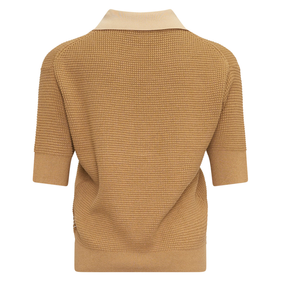 JW Anderson Short Sleeve Polo Jumper in camel waffle-knit cotton with contrast sand collar, placket, and three oversized horn-effect buttons