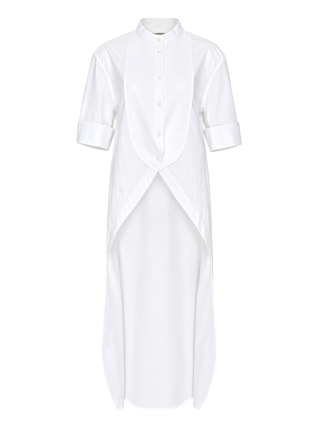 JW Anderson white cotton poplin bib shirt with mandarin collar, button front, short cuffed sleeves and a high-low tailcoat hem