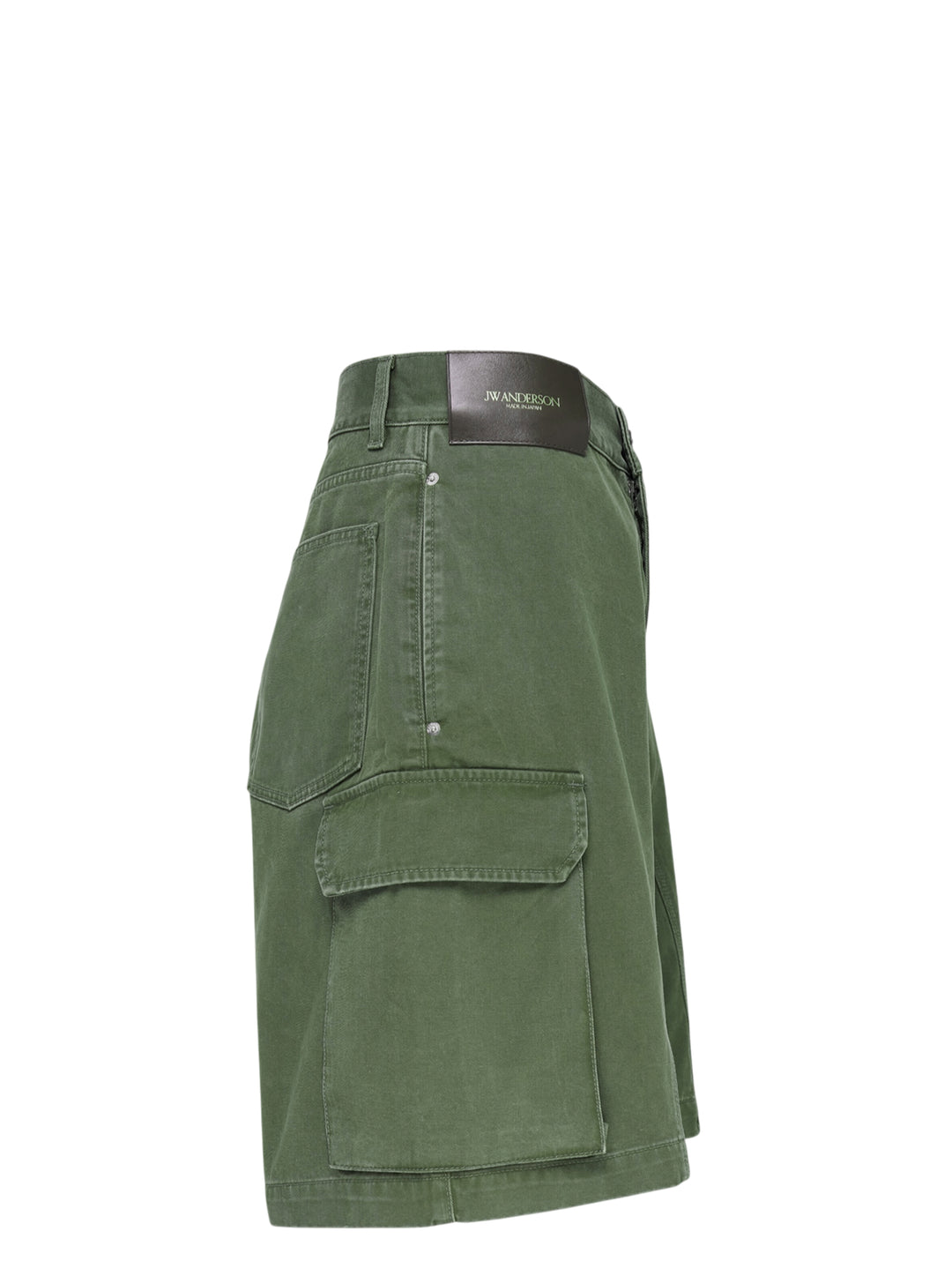JW Anderson twisted patch pocket cargo shorts in washed olive green cotton with asymmetric waistband and flap pockets - view 2