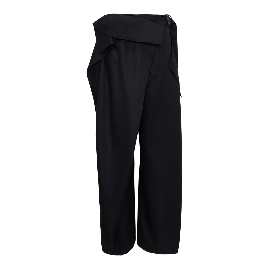 JW Anderson black fold over wide-leg trousers with draped waistband and side zip fastening, cropped length, shown on white background