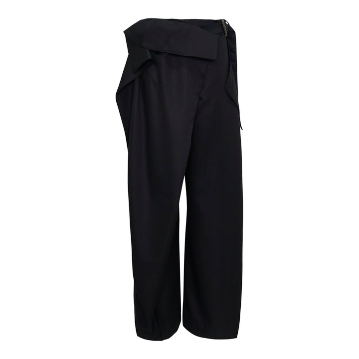 JW Anderson black fold over wide-leg trousers with draped waistband and side zip fastening, cropped length, shown on white background