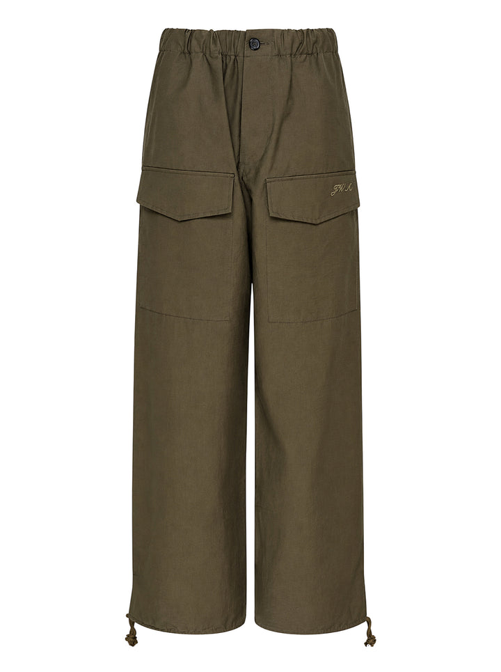 JW Anderson olive parachute track pants with oversized flap pockets, elasticated waist and drawstring hems, shown front view