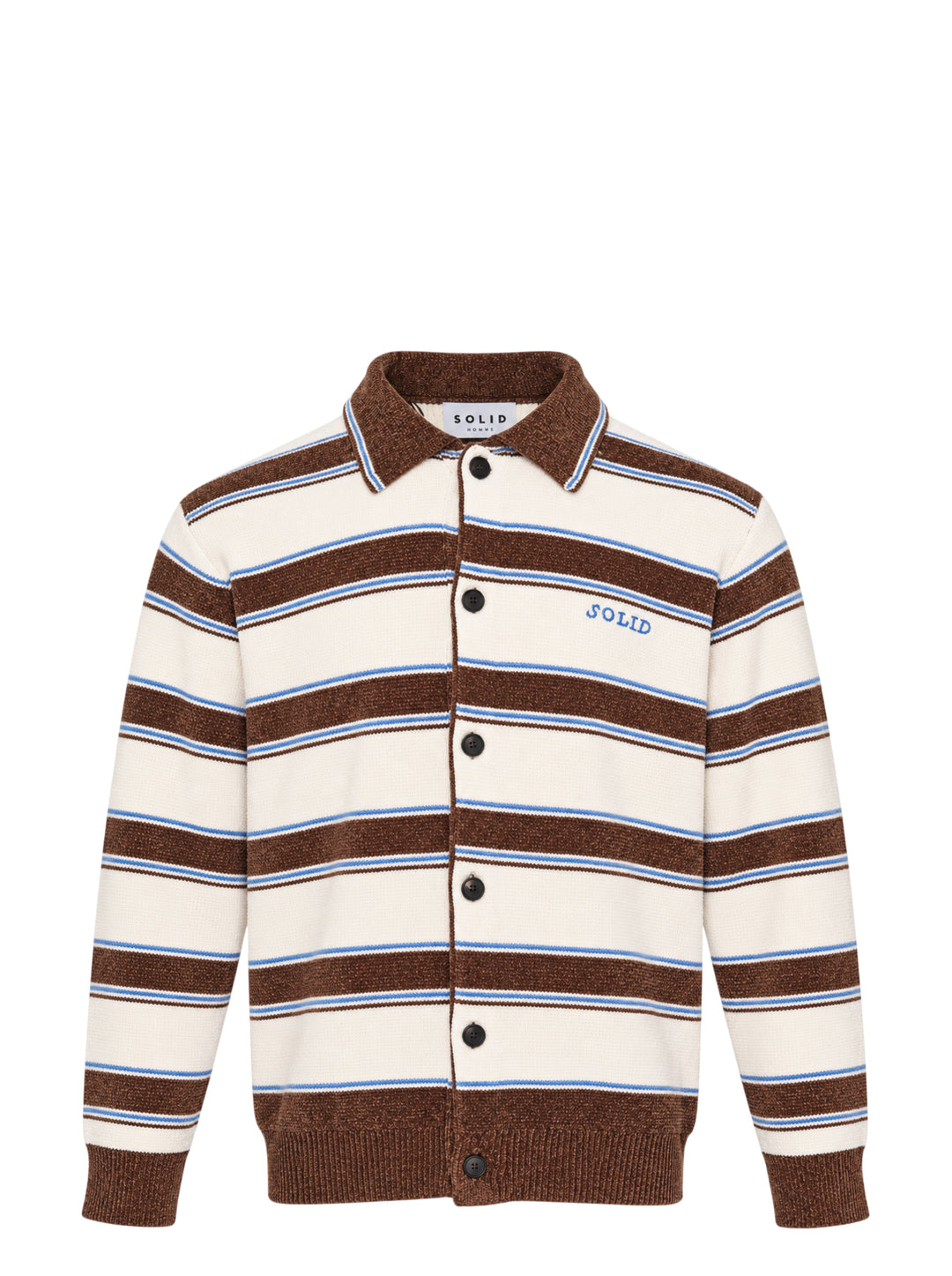 Solid Homme Stripe Collared Cardigan in cream, brown, and blue horizontal stripes with dark button-front closure, spread collar, and ribbed cuffs and hem