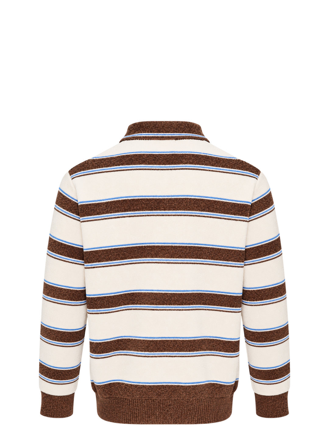 Solid Homme Stripe Collared Cardigan in cream, brown, and blue horizontal stripes with dark button-front closure, spread collar, and ribbed cuffs and hem - view 2