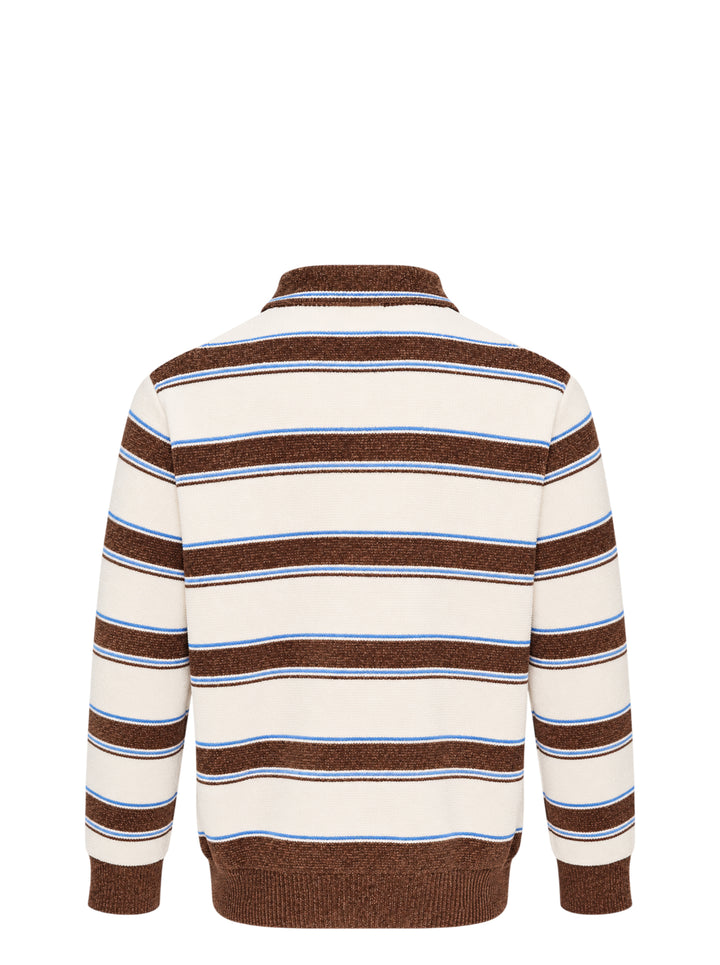 Solid Homme Stripe Collared Cardigan in cream, brown, and blue horizontal stripes with dark button-front closure, spread collar, and ribbed cuffs and hem - view 2