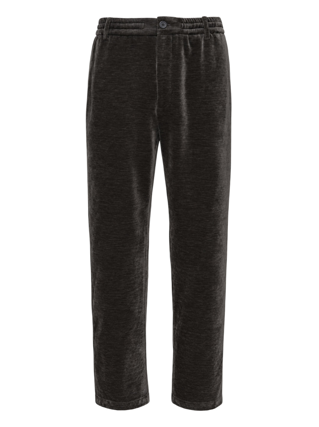 Solid Homme Velvet Feel Track Pants in deep charcoal, featuring an elasticated waistband with single button closure and a straight tapered leg