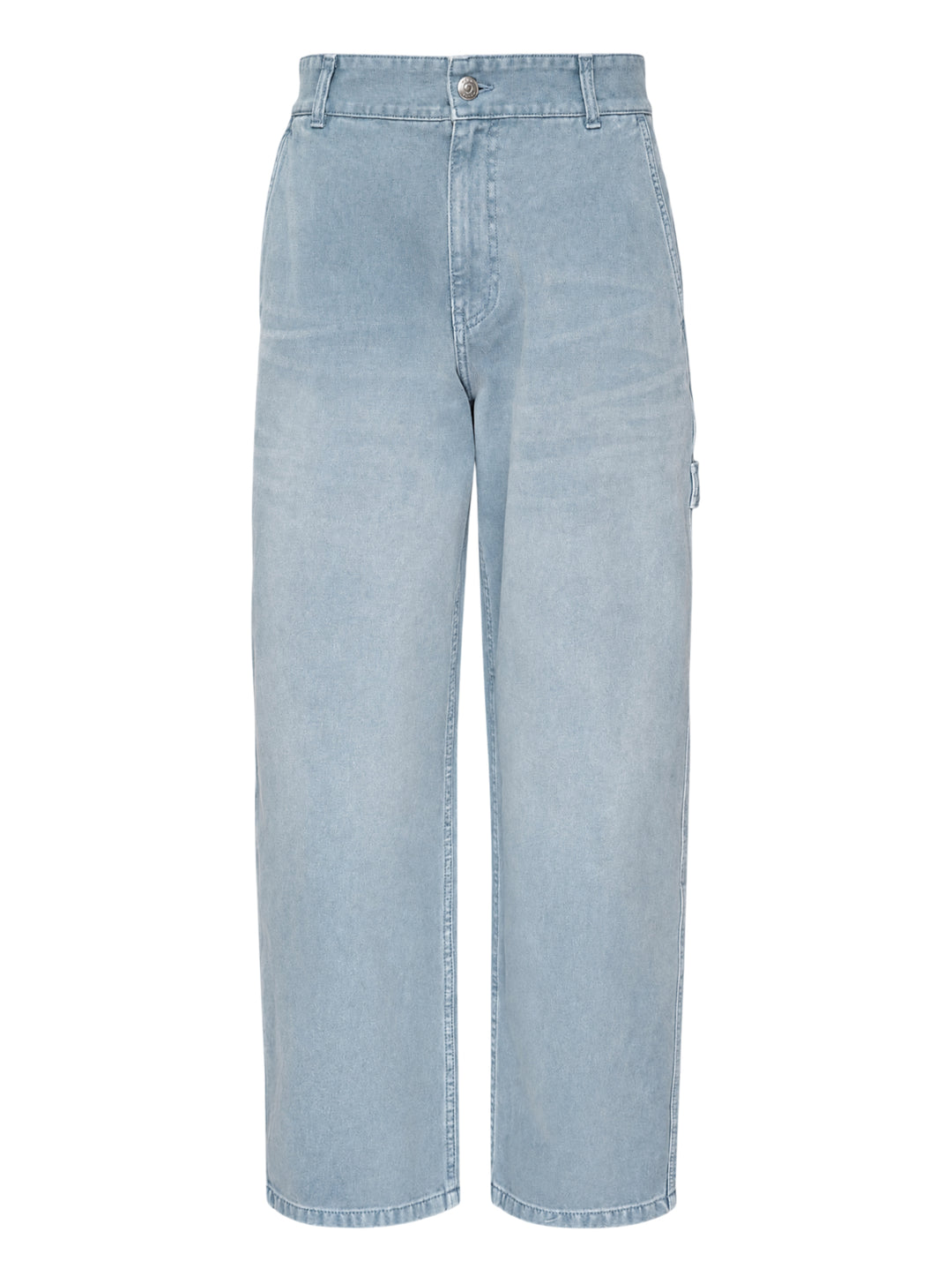 Solid Homme Straight Cut Washed Jeans in light blue stonewash denim, featuring a wide-leg silhouette, high-rise waist, and carpenter utility tab detail