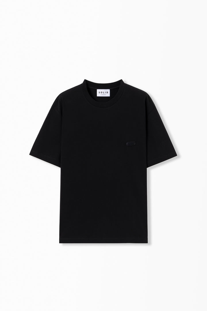Solid Homme Architecture Short Sleeve Tee in black with gold embroidered Wooyoungmi Paris logo on the chest, oversized fit, crewneck collar, white background - view 2