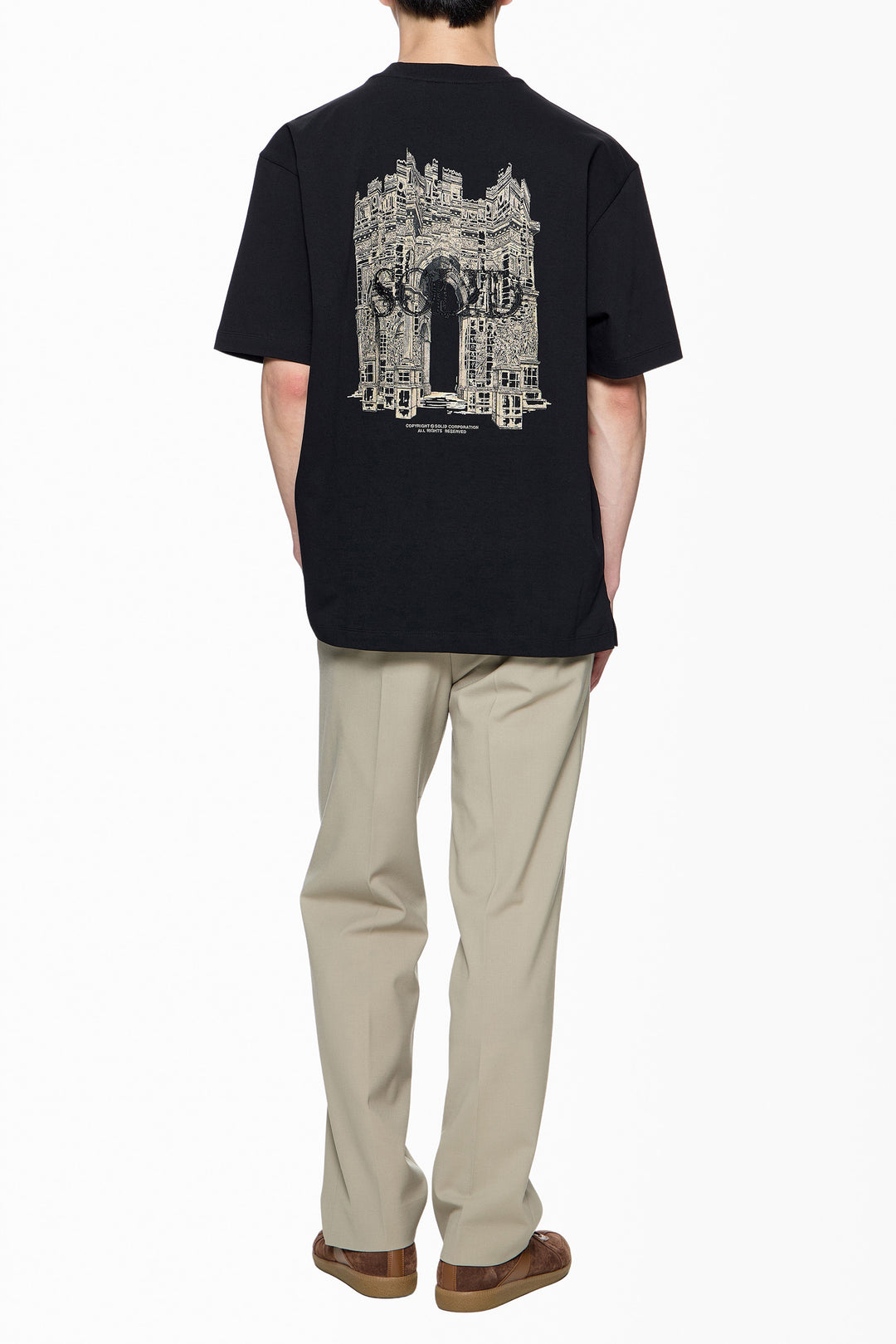 Solid Homme Architecture Short Sleeve Tee in black with gold embroidered Wooyoungmi Paris logo on the chest, oversized fit, crewneck collar, white background - view 4
