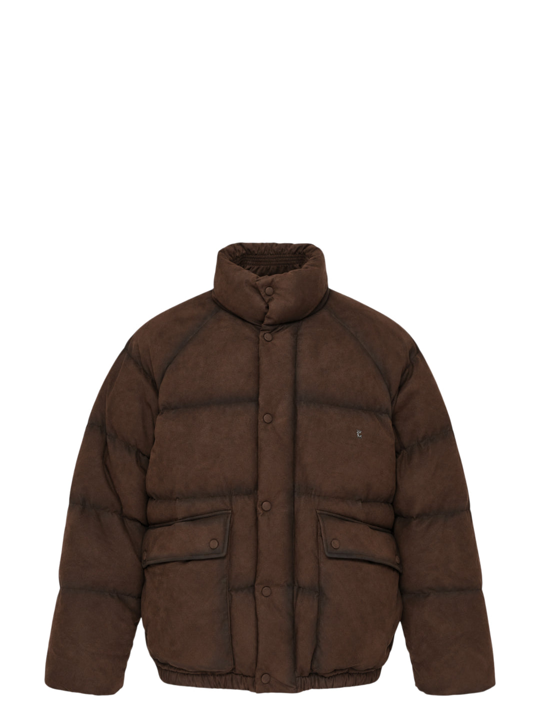 Wooyoungmi mens chocolate brown suede-effect quilted down puffer jacket with high stand collar, snap-button placket, and cargo flap pockets