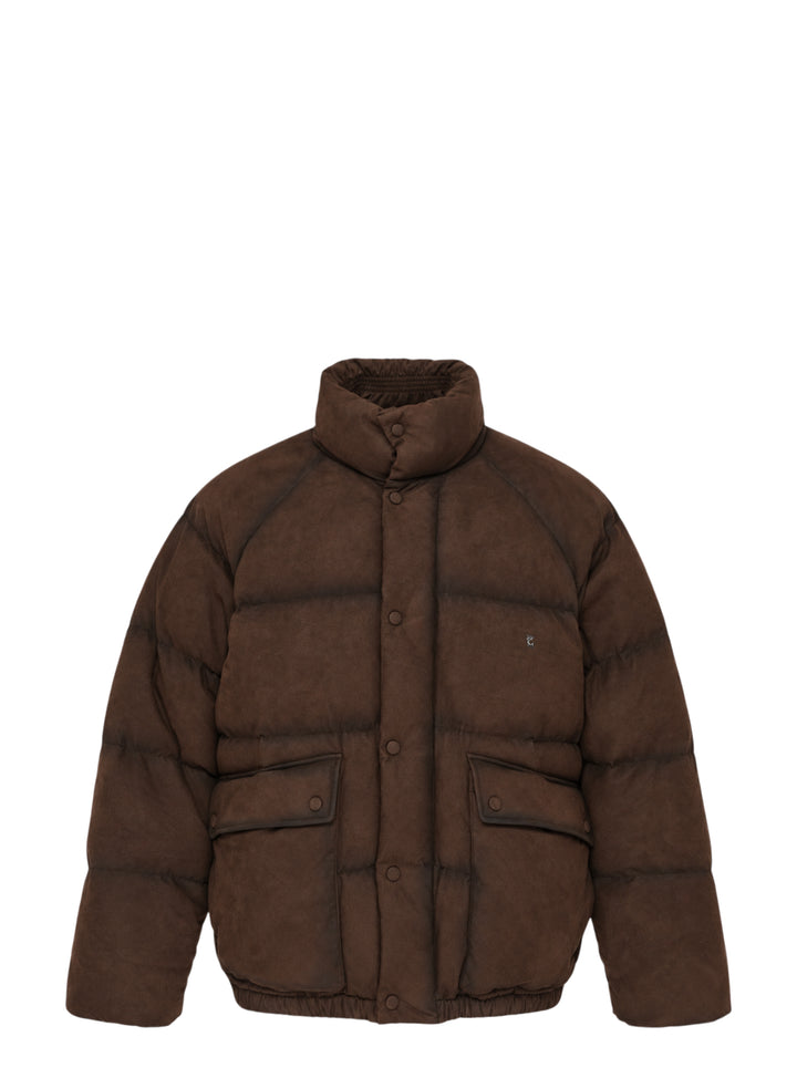 Wooyoungmi mens chocolate brown suede-effect quilted down puffer jacket with high stand collar, snap-button placket, and cargo flap pockets