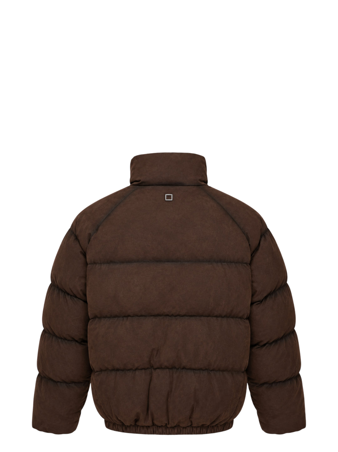 Wooyoungmi mens chocolate brown suede-effect quilted down puffer jacket with high stand collar, snap-button placket, and cargo flap pockets - view 2