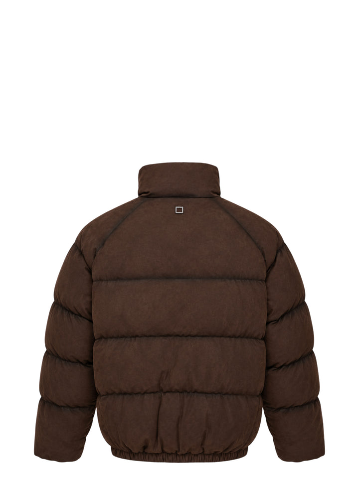 Wooyoungmi mens chocolate brown suede-effect quilted down puffer jacket with high stand collar, snap-button placket, and cargo flap pockets - view 2