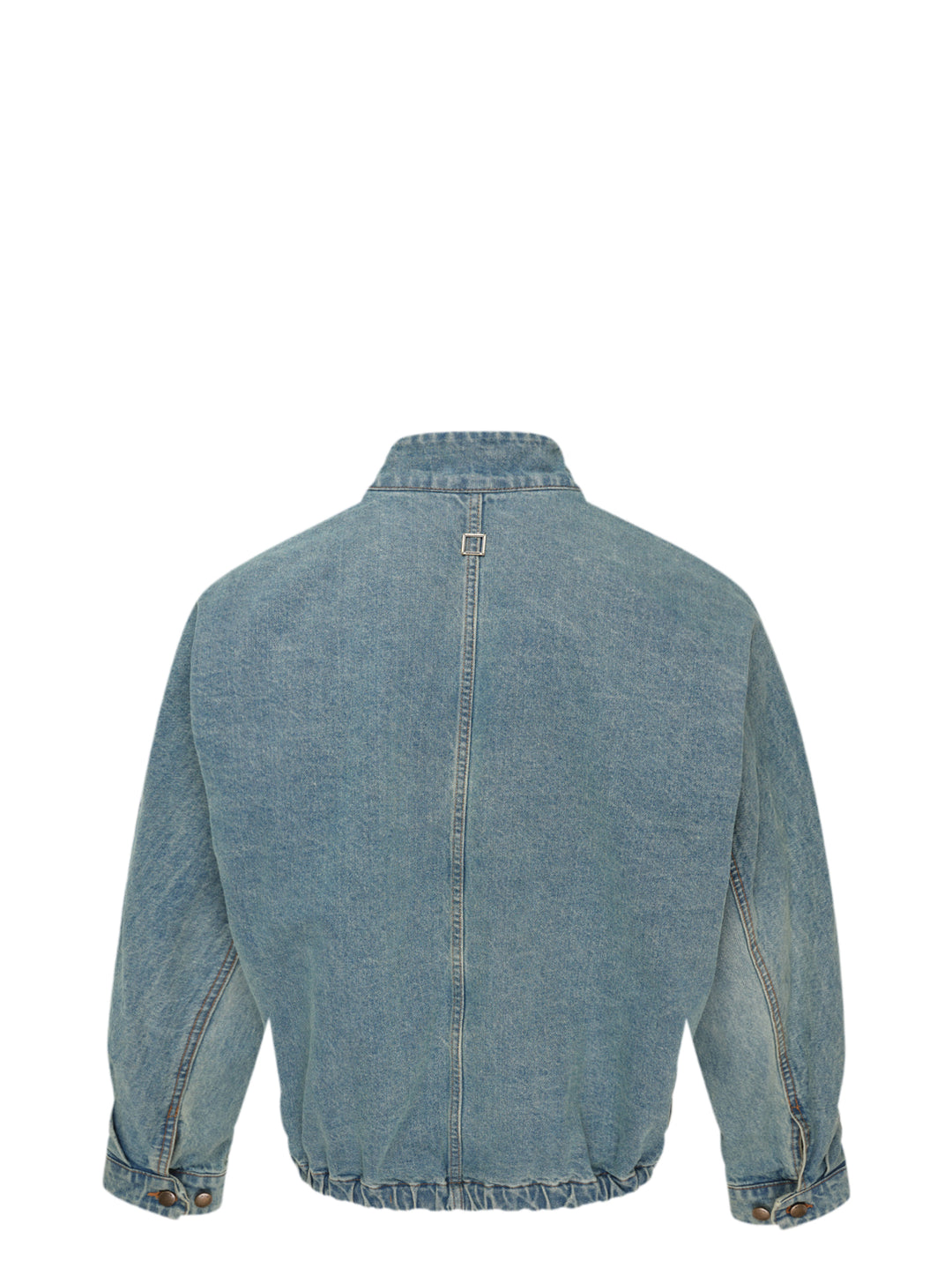 Wooyoungmi washed light indigo denim blouson with funnel collar, brass zip closure, hip pockets, and small logo embroidery on the chest - view 2