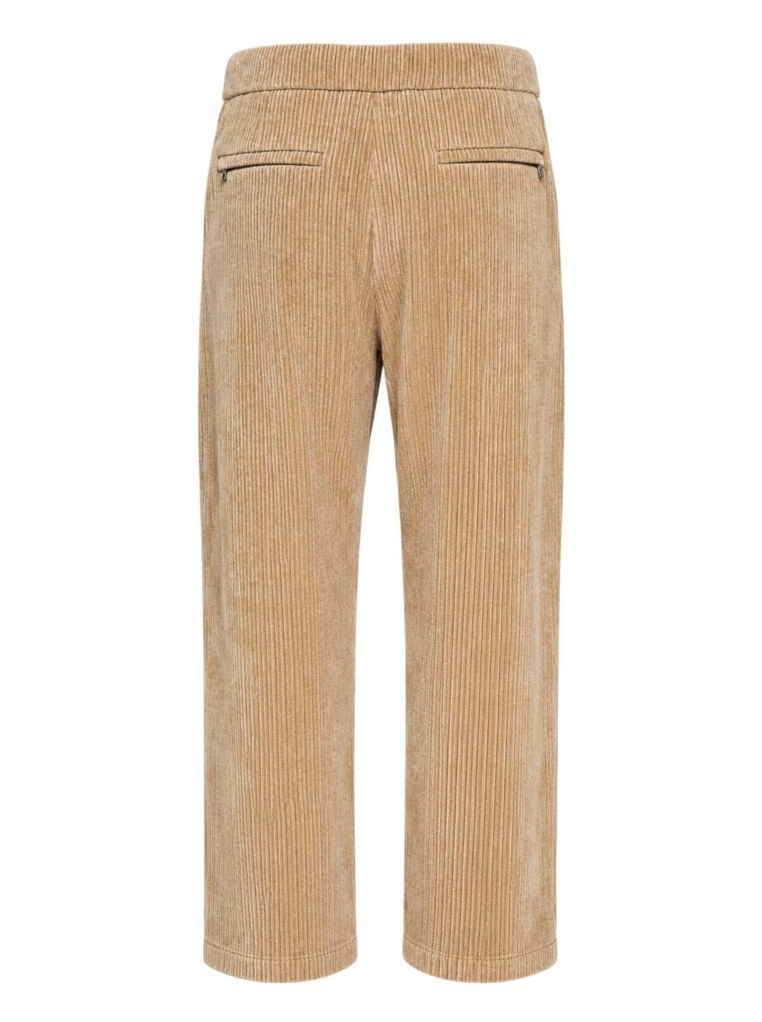 Wooyoungmi Flock Corduroy Track Pants in sand, featuring a wide-wale ribbed texture, elasticated waistband, and straight-leg silhouette with metal hardware label detail - view 2