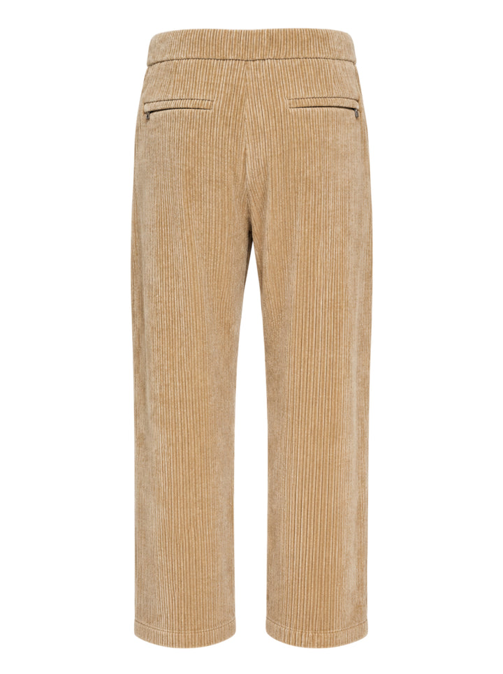 Wooyoungmi Flock Corduroy Track Pants in sand, featuring a wide-wale ribbed texture, elasticated waistband, and straight-leg silhouette with metal hardware label detail - view 2