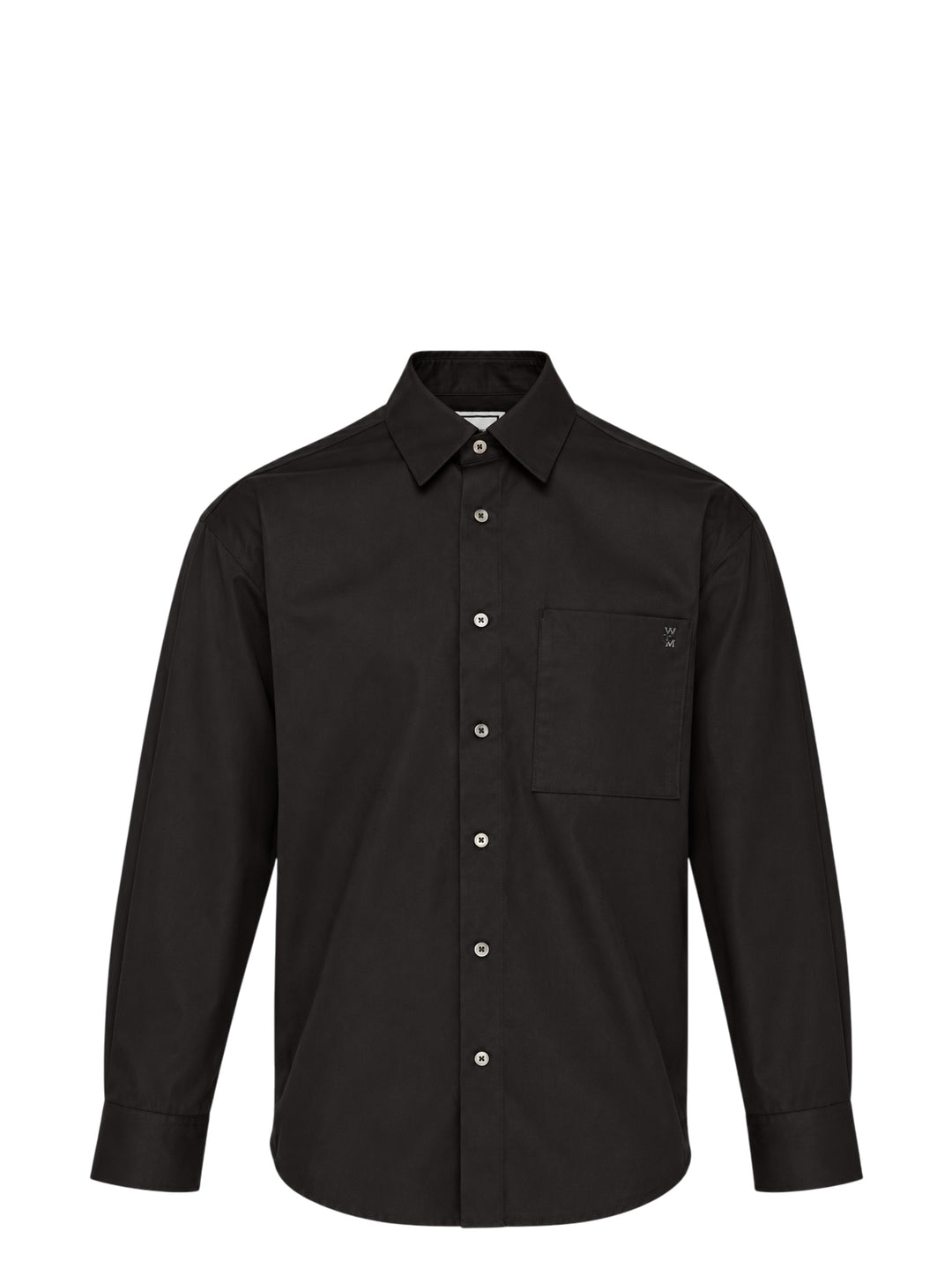 Wooyoungmi black long sleeve button-up shirt with tonal embroidered logo on chest pocket and silver-tone buttons