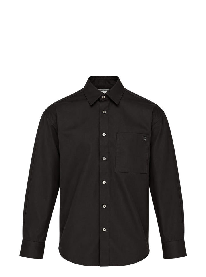 Wooyoungmi black long sleeve button-up shirt with tonal embroidered logo on chest pocket and silver-tone buttons