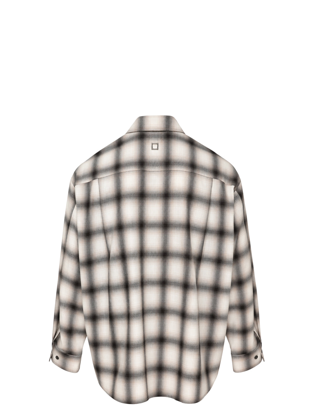 Wooyoungmi ombré shadow plaid long sleeve shirt in cream and charcoal, featuring a point collar, full button placket with gunmetal buttons, chest patch pocket, and a curved hem - view 2