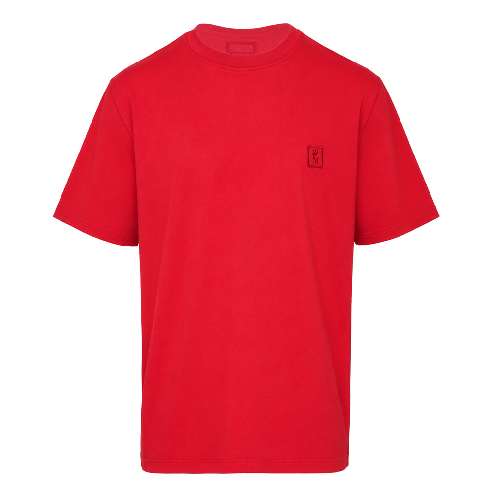 Wooyoungmi Back Logo Tee in black with a tonal embroidered monogram patch on the chest, featuring a relaxed oversized fit and crew neckline