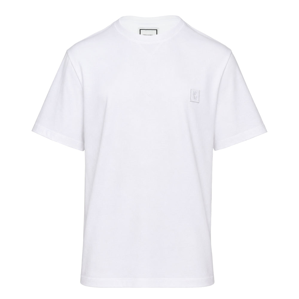 Wooyoungmi Back Logo Tee in black with a tonal embroidered monogram patch on the chest, featuring a relaxed oversized fit and crew neckline