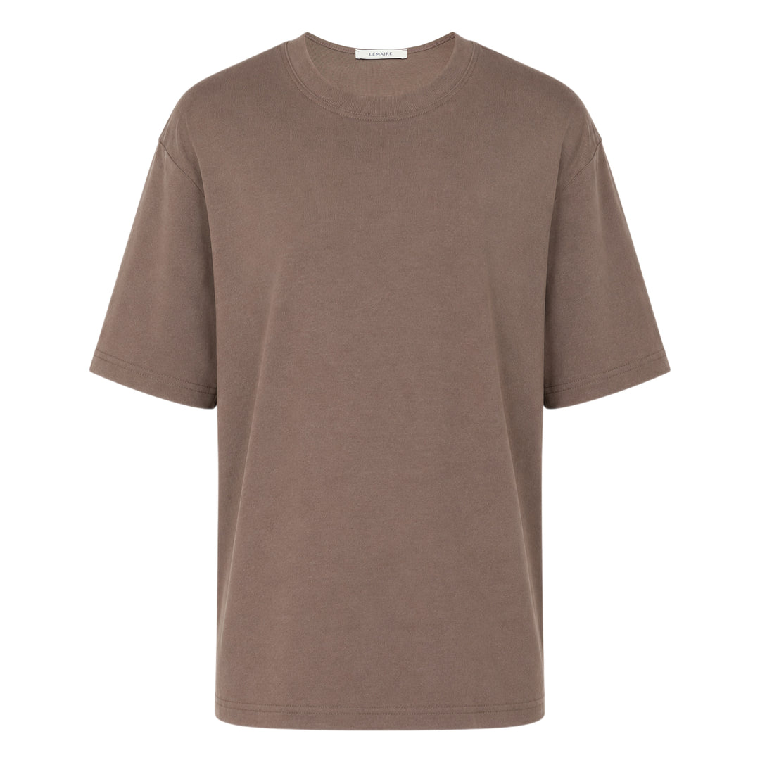 Lemaire Rib Jersey T-Shirt in warm taupe brown, featuring an oversized silhouette, dropped shoulders, and ribbed crew neckline, displayed flat on a white background