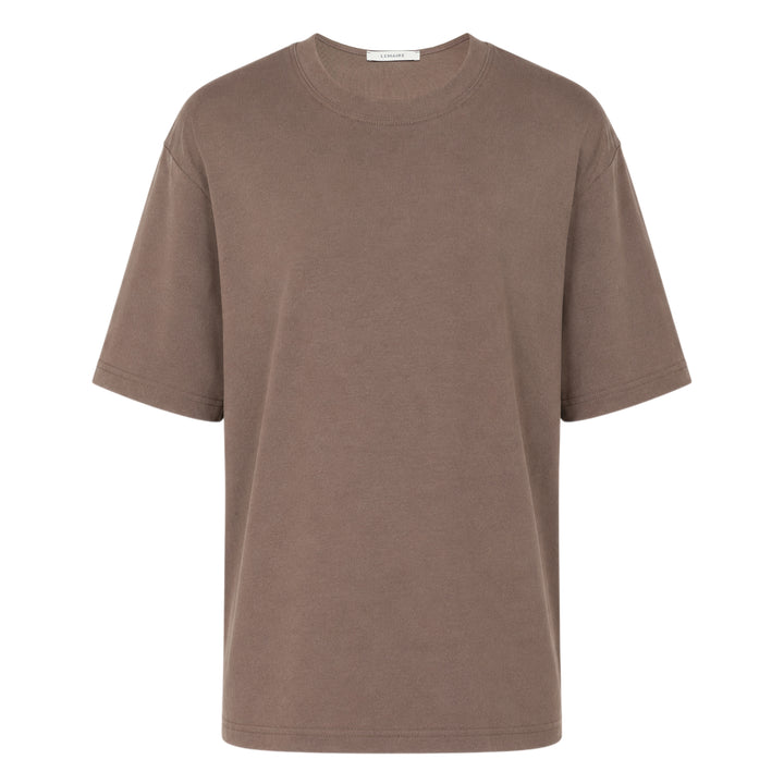 Lemaire Rib Jersey T-Shirt in warm taupe brown, featuring an oversized silhouette, dropped shoulders, and ribbed crew neckline, displayed flat on a white background
