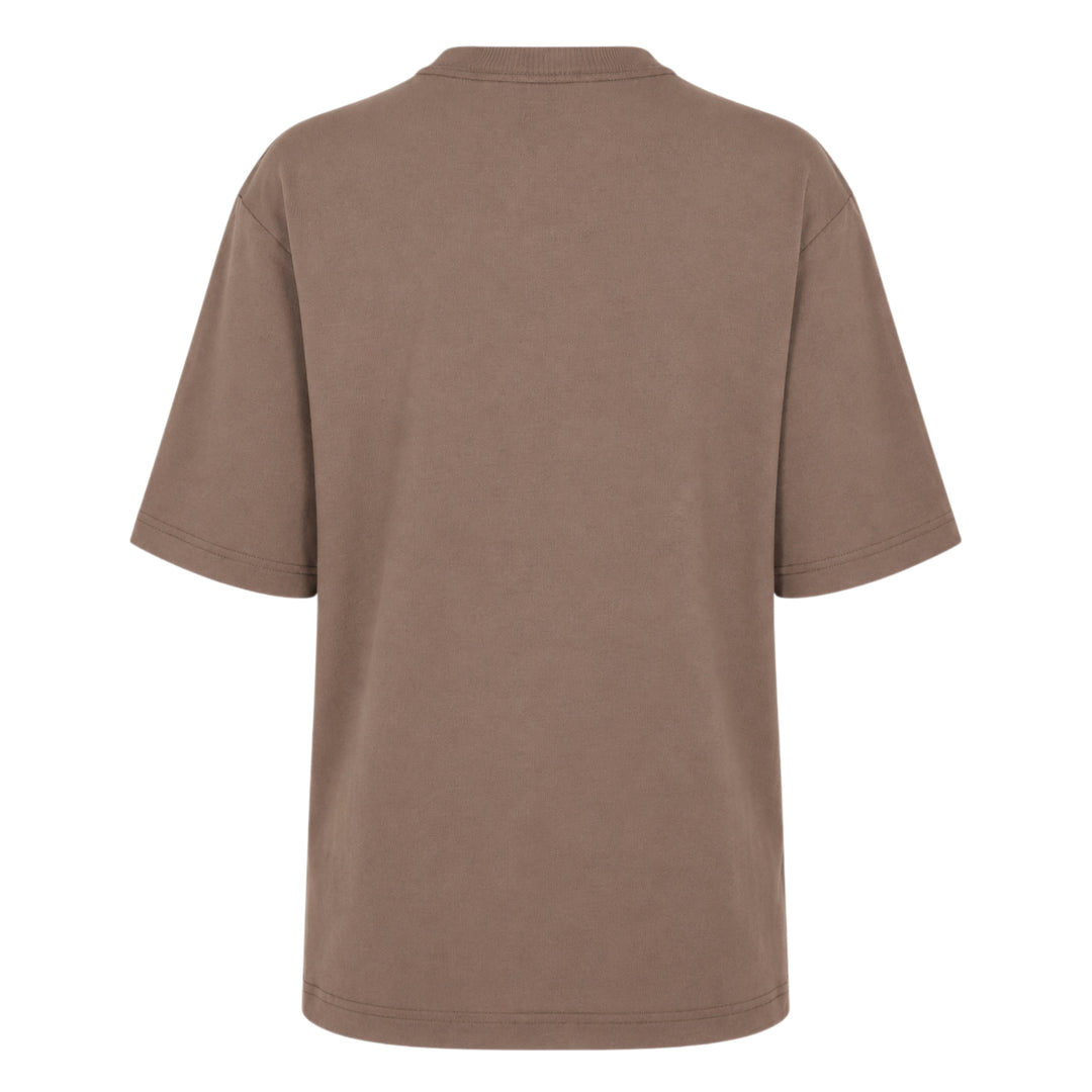 Lemaire Rib Jersey T-Shirt in warm taupe brown, featuring an oversized silhouette, dropped shoulders, and ribbed crew neckline, displayed flat on a white background