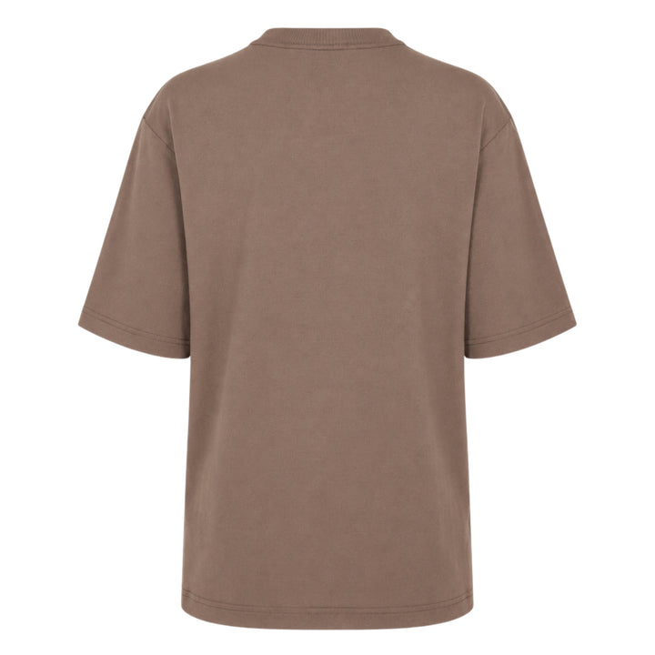 Lemaire Rib Jersey T-Shirt in warm taupe brown, featuring an oversized silhouette, dropped shoulders, and ribbed crew neckline, displayed flat on a white background
