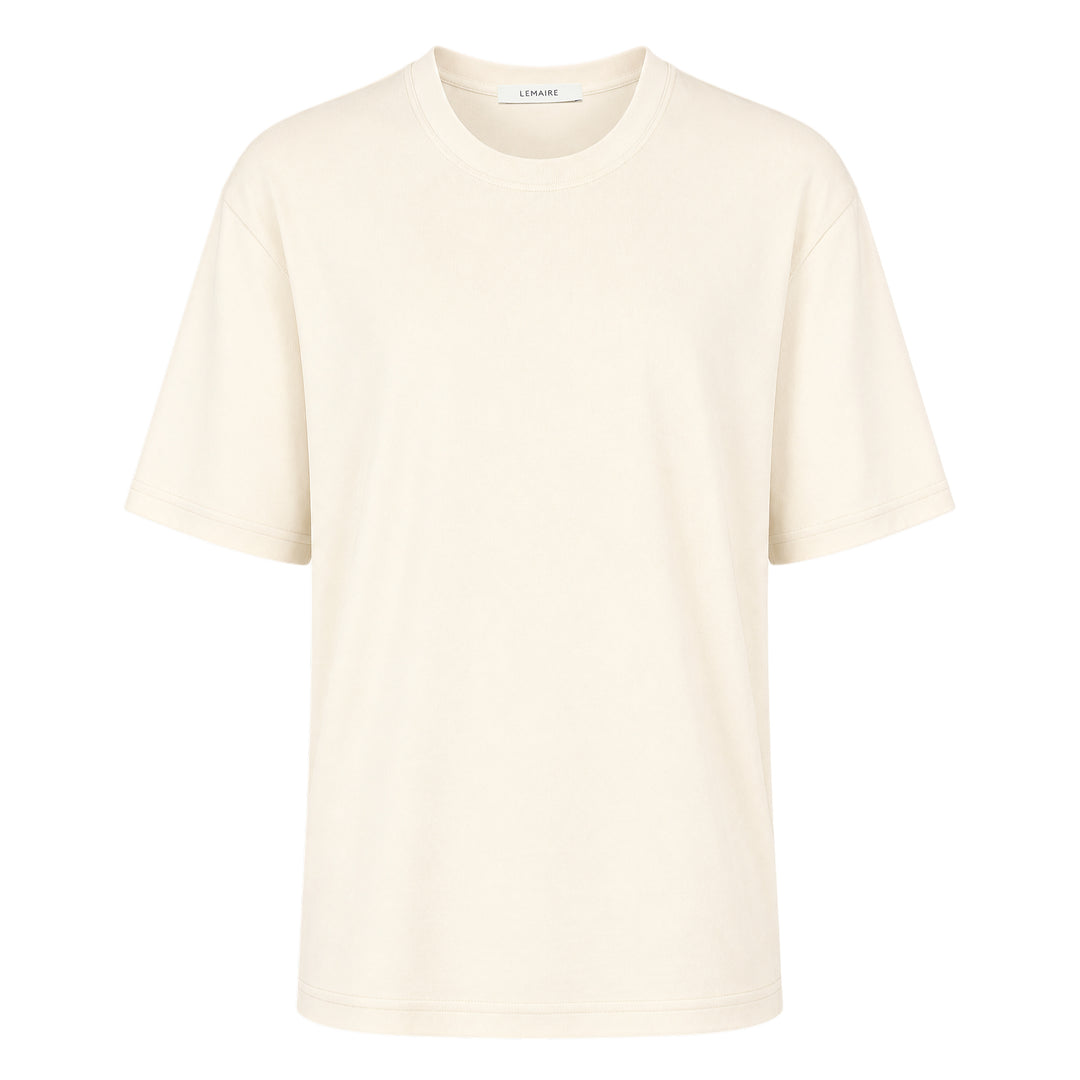 Lemaire Rib Jersey T-Shirt in warm taupe brown, featuring an oversized silhouette, dropped shoulders, and ribbed crew neckline, displayed flat on a white background