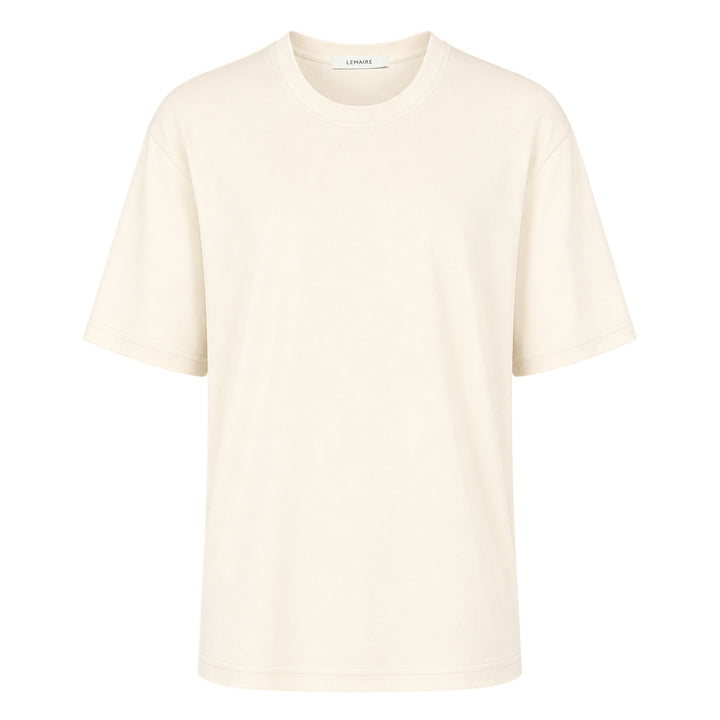 Lemaire Rib Jersey T-Shirt in warm taupe brown, featuring an oversized silhouette, dropped shoulders, and ribbed crew neckline, displayed flat on a white background