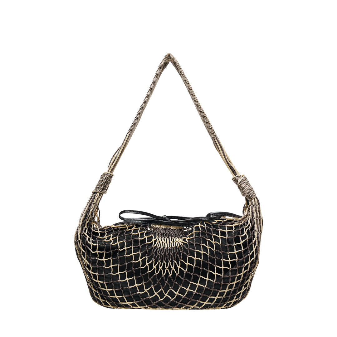 Lemaire Croissant Filt Shoulder Bag in black polyester with gold-tone net overlay and metallic mesh shoulder strap, front view on white background