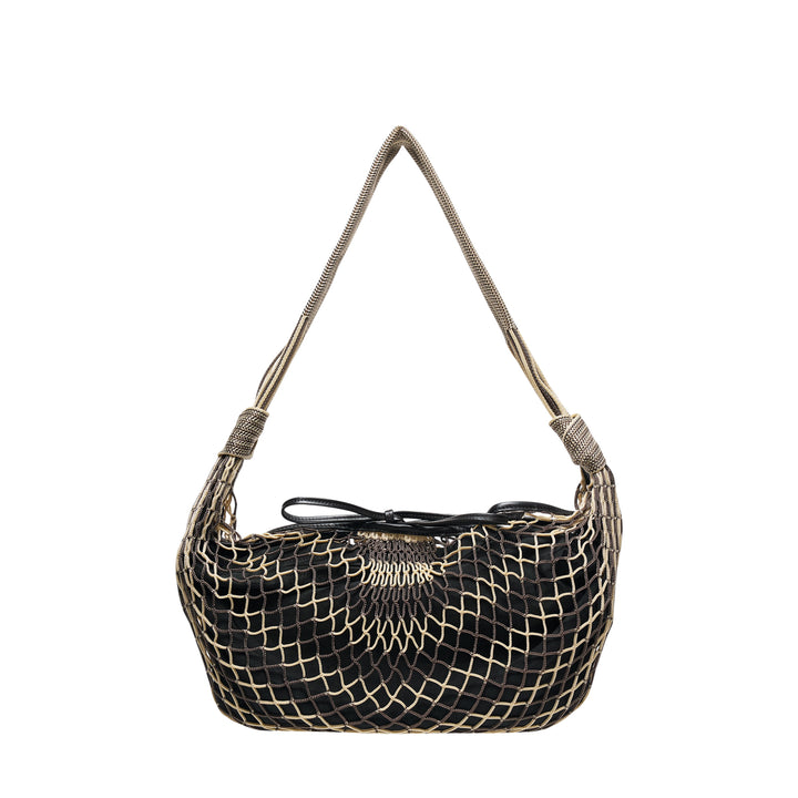 Lemaire Croissant Filt Shoulder Bag in black polyester with gold-tone net overlay and metallic mesh shoulder strap, front view on white background
