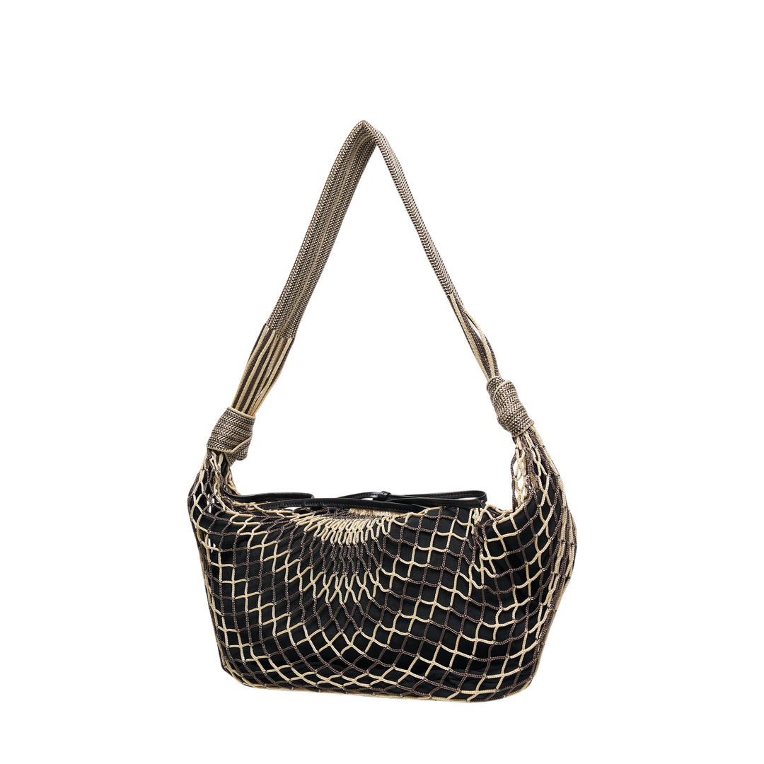 Lemaire Croissant Filt Shoulder Bag in black polyester with gold-tone net overlay and metallic mesh shoulder strap, front view on white background