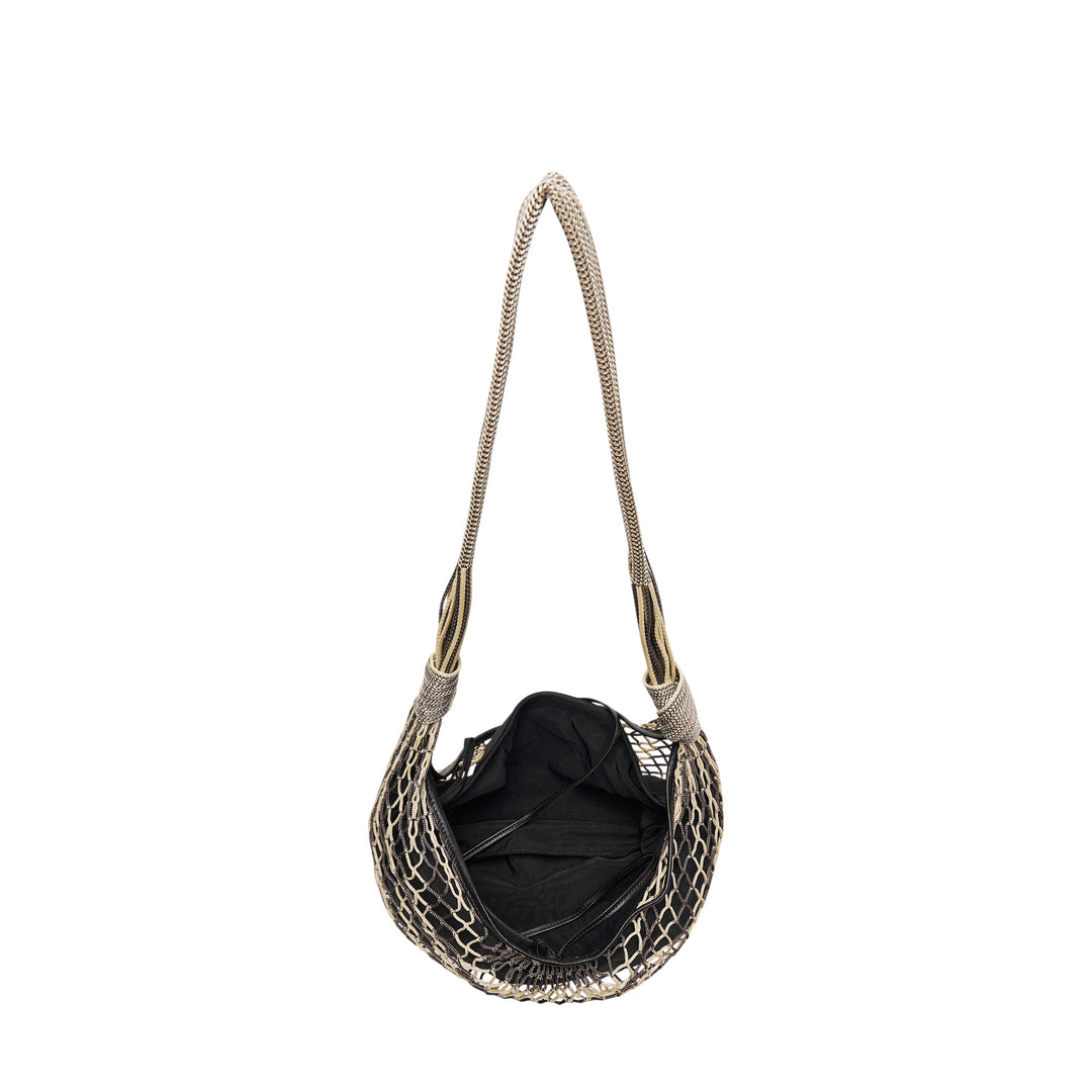 Lemaire Croissant Filt Shoulder Bag in black polyester with gold-tone net overlay and metallic mesh shoulder strap, front view on white background