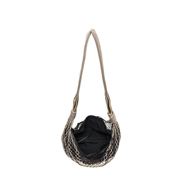 Lemaire Croissant Filt Shoulder Bag in black polyester with gold-tone net overlay and metallic mesh shoulder strap, front view on white background