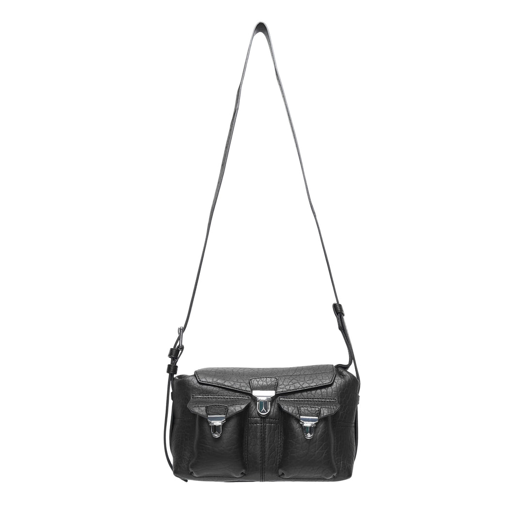 Lemaire Mini Soft Gear Bag in black pebbled leather with dual front push-lock pockets, central flap closure, and long adjustable crossbody strap with silver-tone hardware