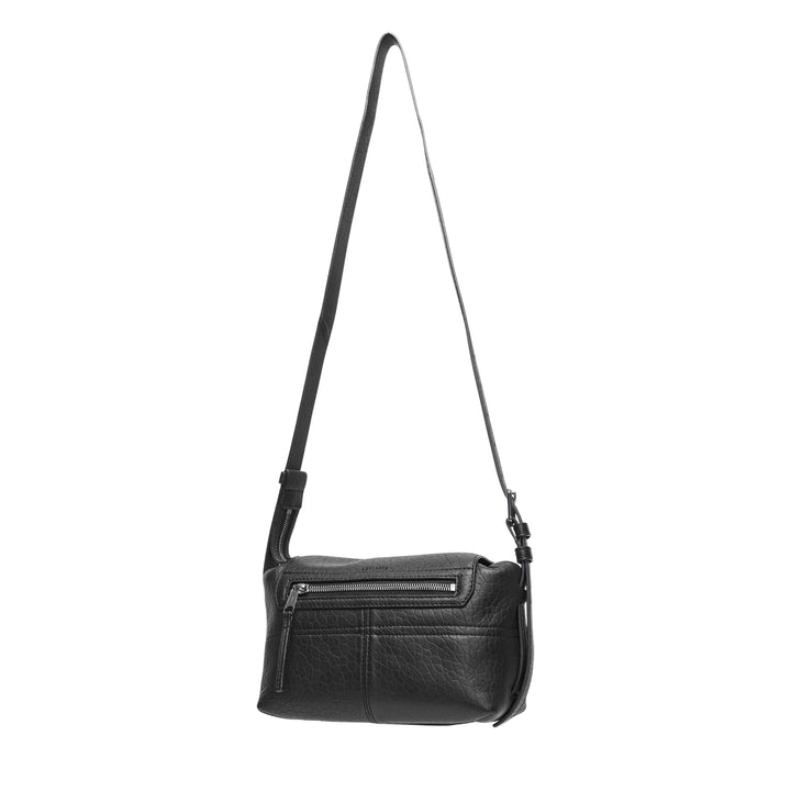 Lemaire Mini Soft Gear Bag in black pebbled leather with dual front push-lock pockets, central flap closure, and long adjustable crossbody strap with silver-tone hardware