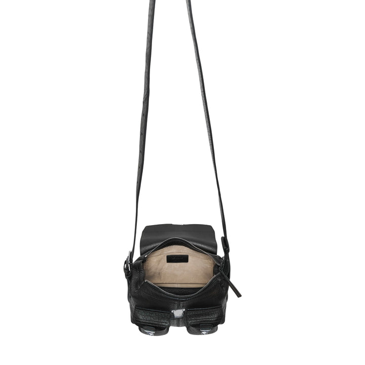 Lemaire Mini Soft Gear Bag in black pebbled leather with dual front push-lock pockets, central flap closure, and long adjustable crossbody strap with silver-tone hardware
