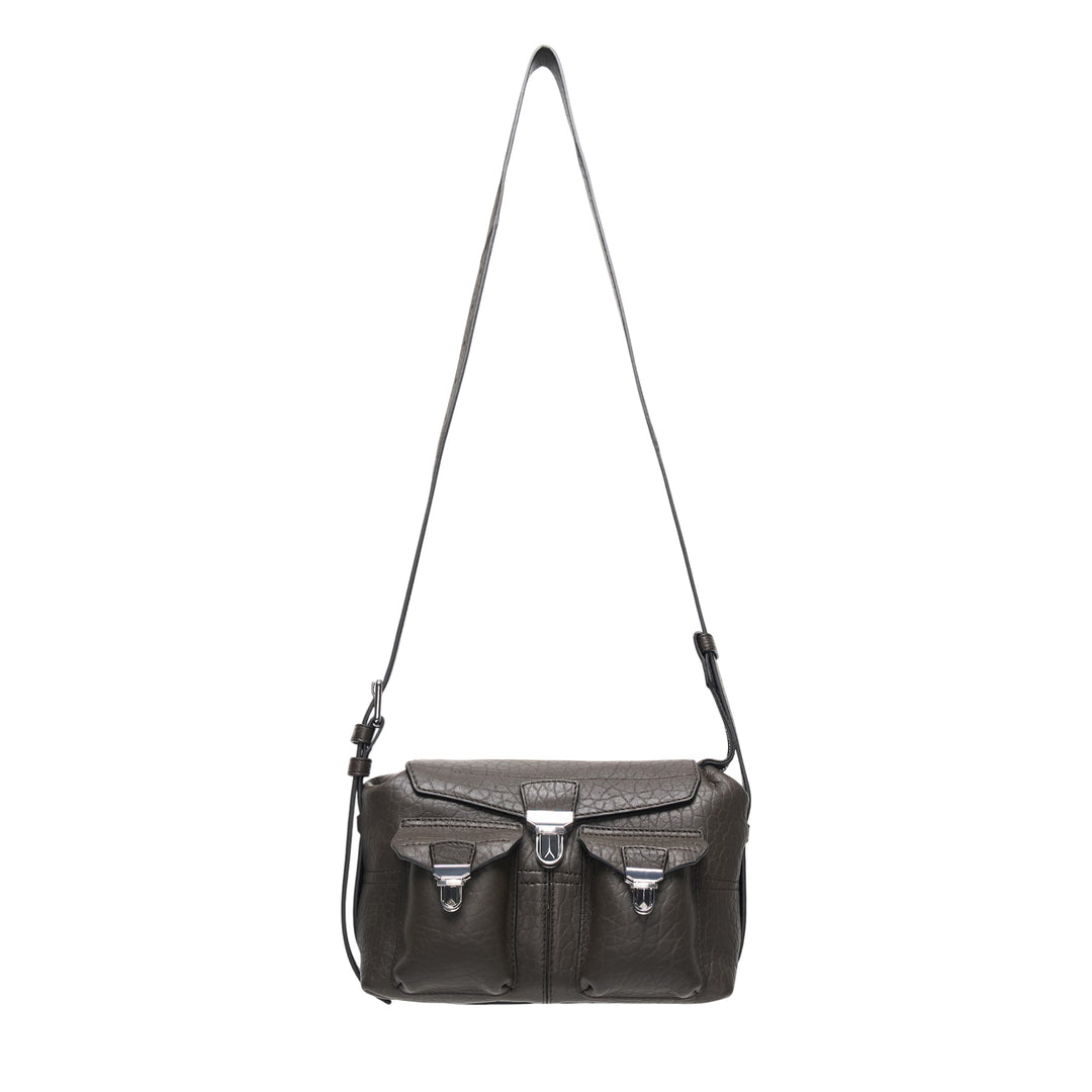Lemaire Mini Soft Gear Bag in black pebbled leather with dual front push-lock pockets, central flap closure, and long adjustable crossbody strap with silver-tone hardware