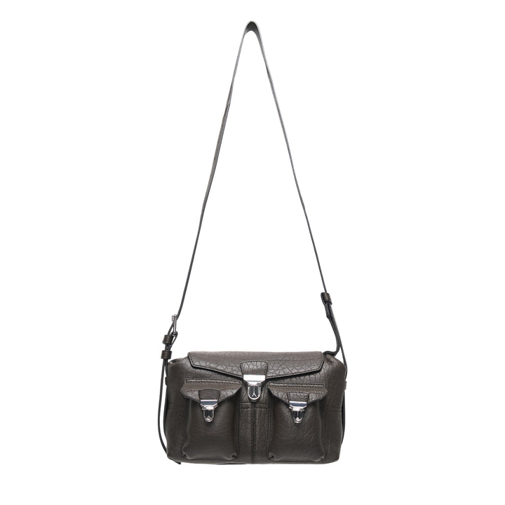 Lemaire Mini Soft Gear Bag in black pebbled leather with dual front push-lock pockets, central flap closure, and long adjustable crossbody strap with silver-tone hardware