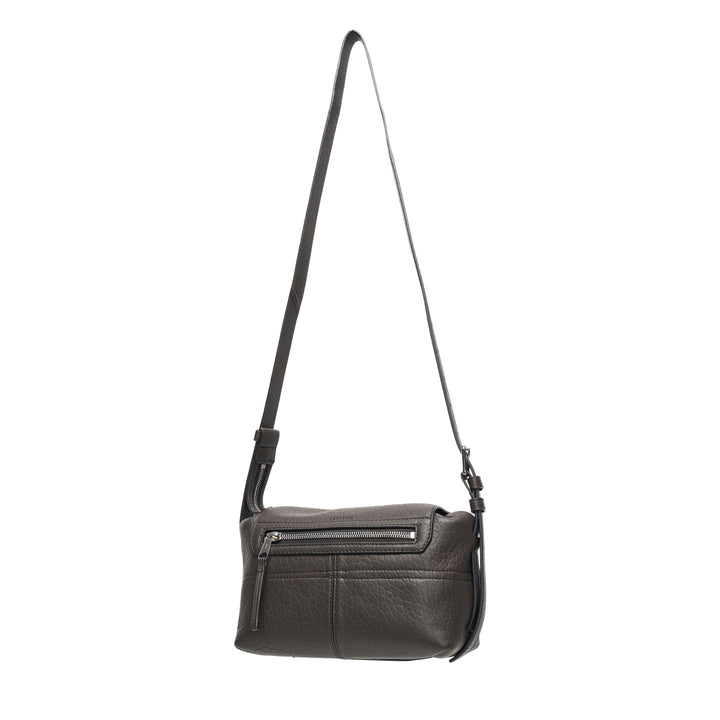 Lemaire Mini Soft Gear Bag in black pebbled leather with dual front push-lock pockets, central flap closure, and long adjustable crossbody strap with silver-tone hardware