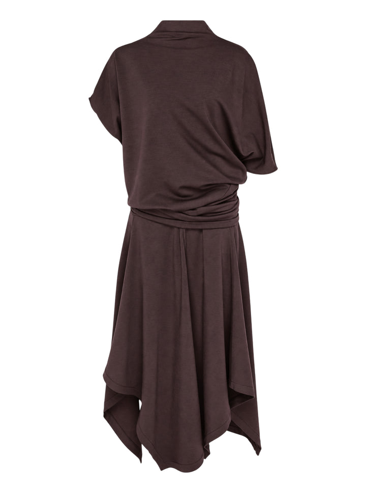 Lemaire twisted asymmetric draped dress in wool viscose jersey with gathered waist and handkerchief hem, shown from the front