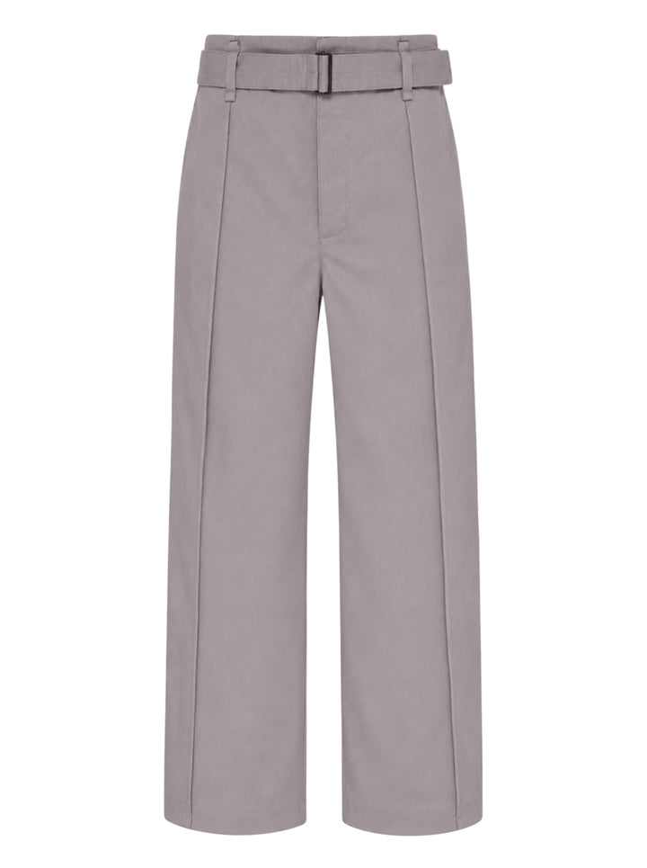 Lemaire grey poly cotton twill curved pants with a high waist, front pleats and self-fabric belt with metal buckle