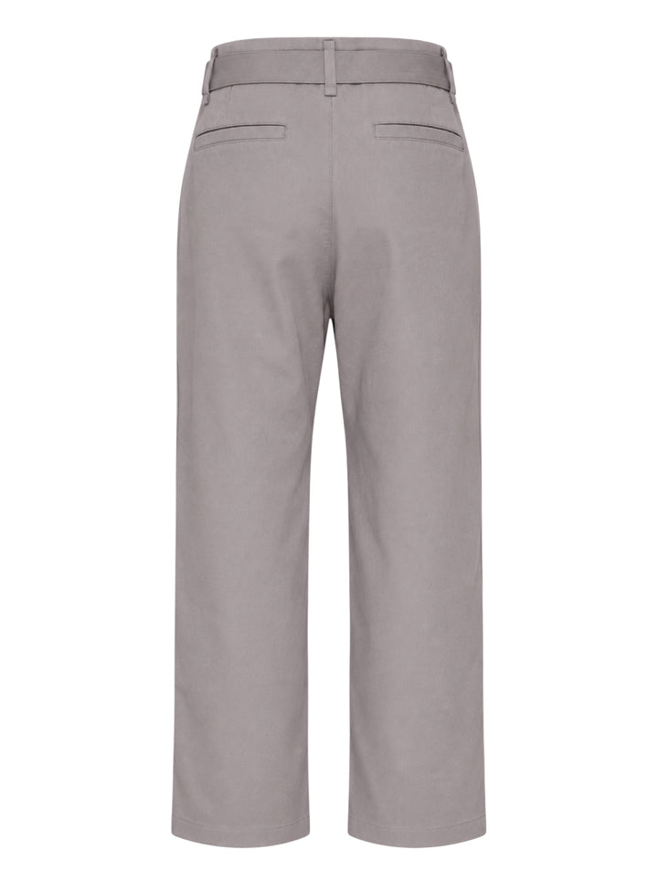 Lemaire grey poly cotton twill curved pants with a high waist, front pleats and self-fabric belt with metal buckle - view 2