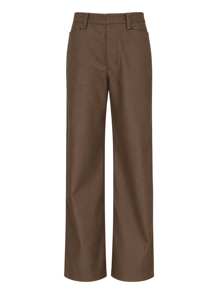 Lemaire straight-leg pants in brown heavy cotton twill, shown from the front