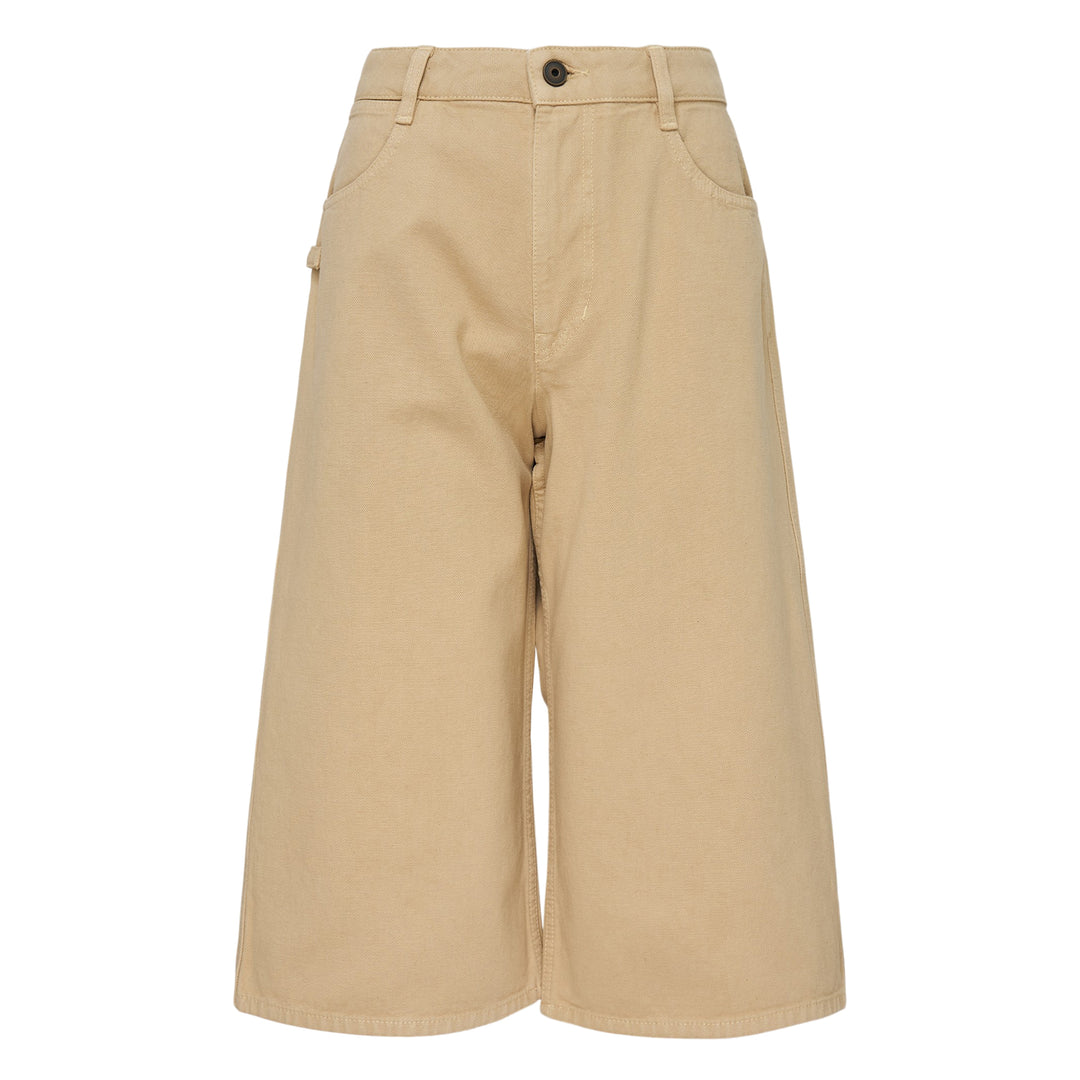 Lemaire 5 Pocket Bermuda Shorts in khaki heavyweight cotton twill, featuring a high-rise waistband, wide flared leg, and five-pocket construction