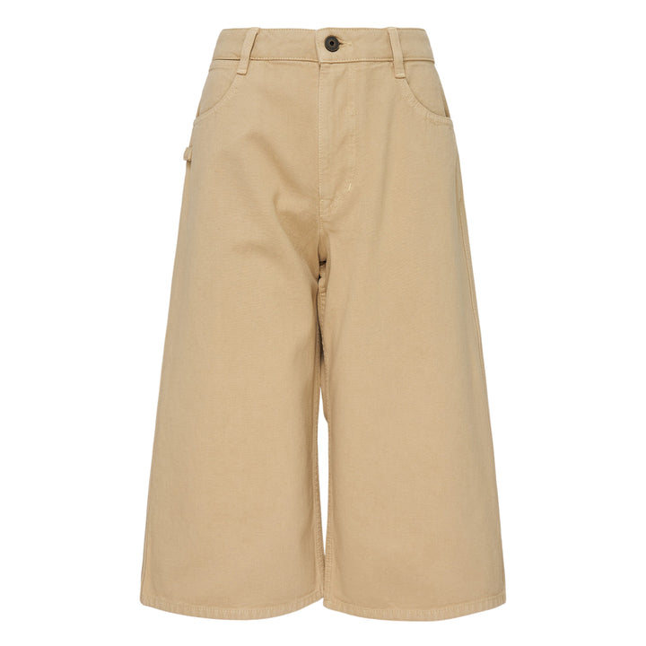 Lemaire 5 Pocket Bermuda Shorts in khaki heavyweight cotton twill, featuring a high-rise waistband, wide flared leg, and five-pocket construction